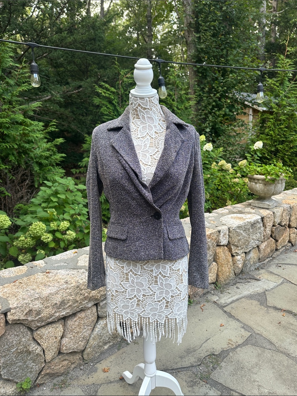 Womens Gray Tweed Single-Button Blazer Jacket